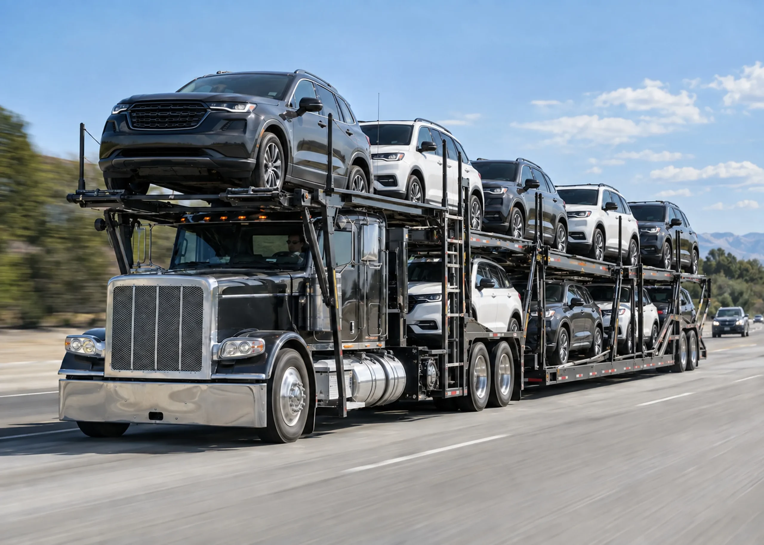 A loaded 9-car open carrier on the highway