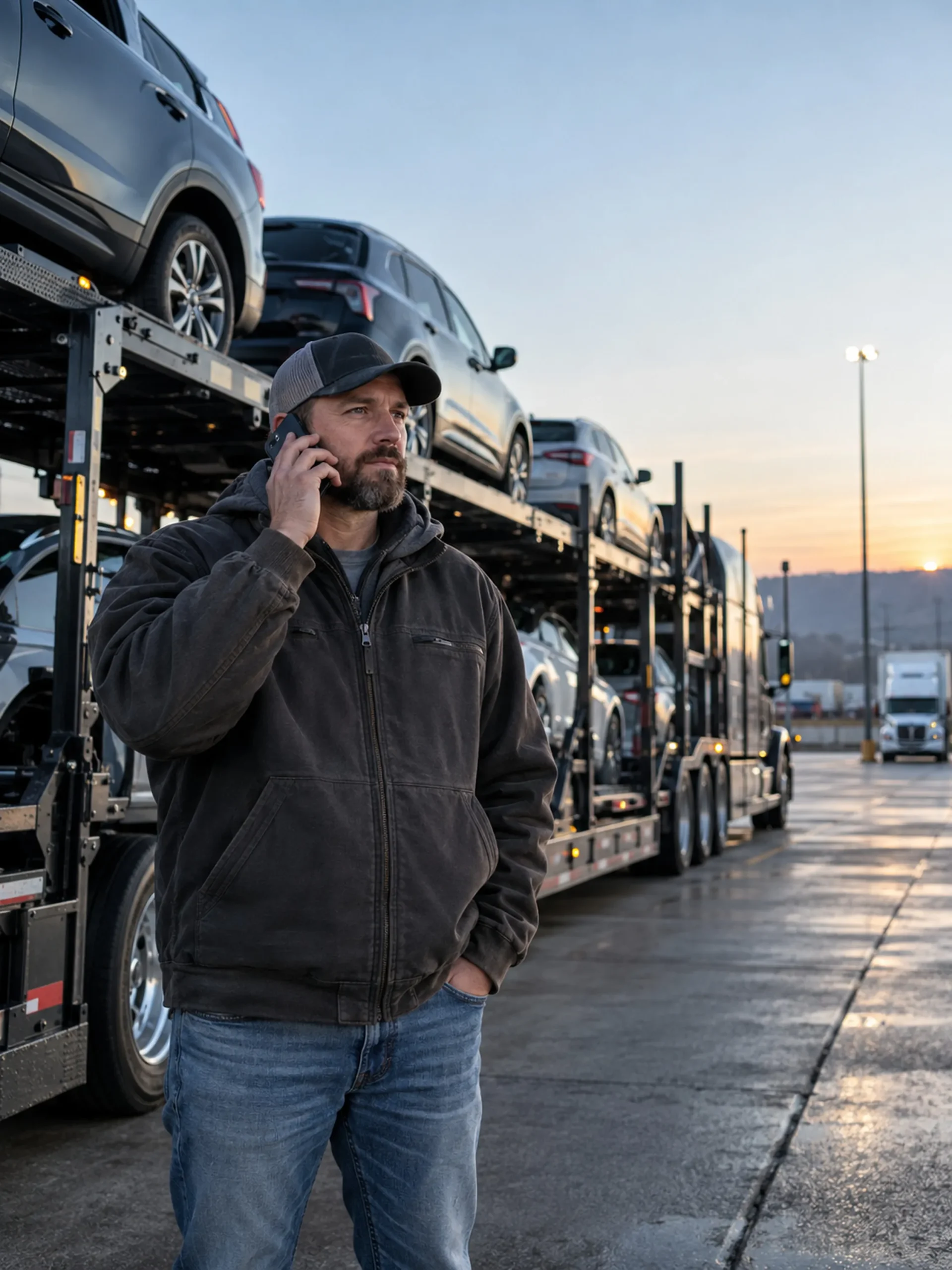 A car hauler owner with a phone by their truck at a truck stop