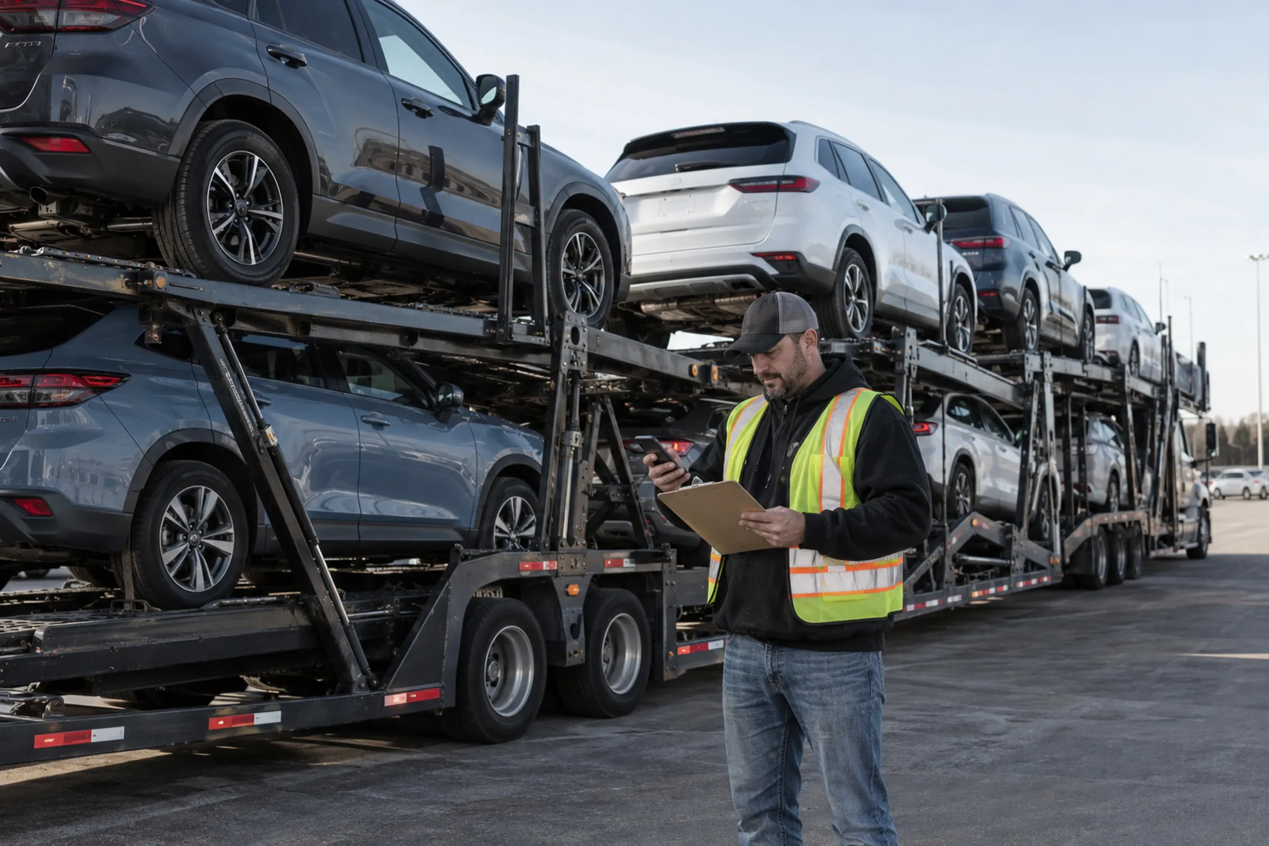 The driver of a loaded open carrier on the phone, checking the loading order