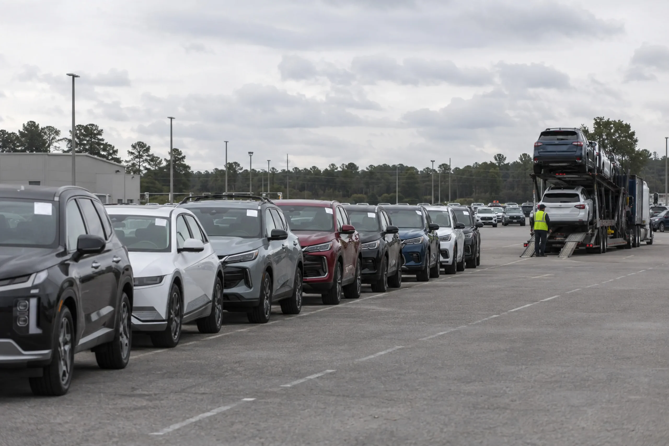 A row of cars at an auto auction release lane