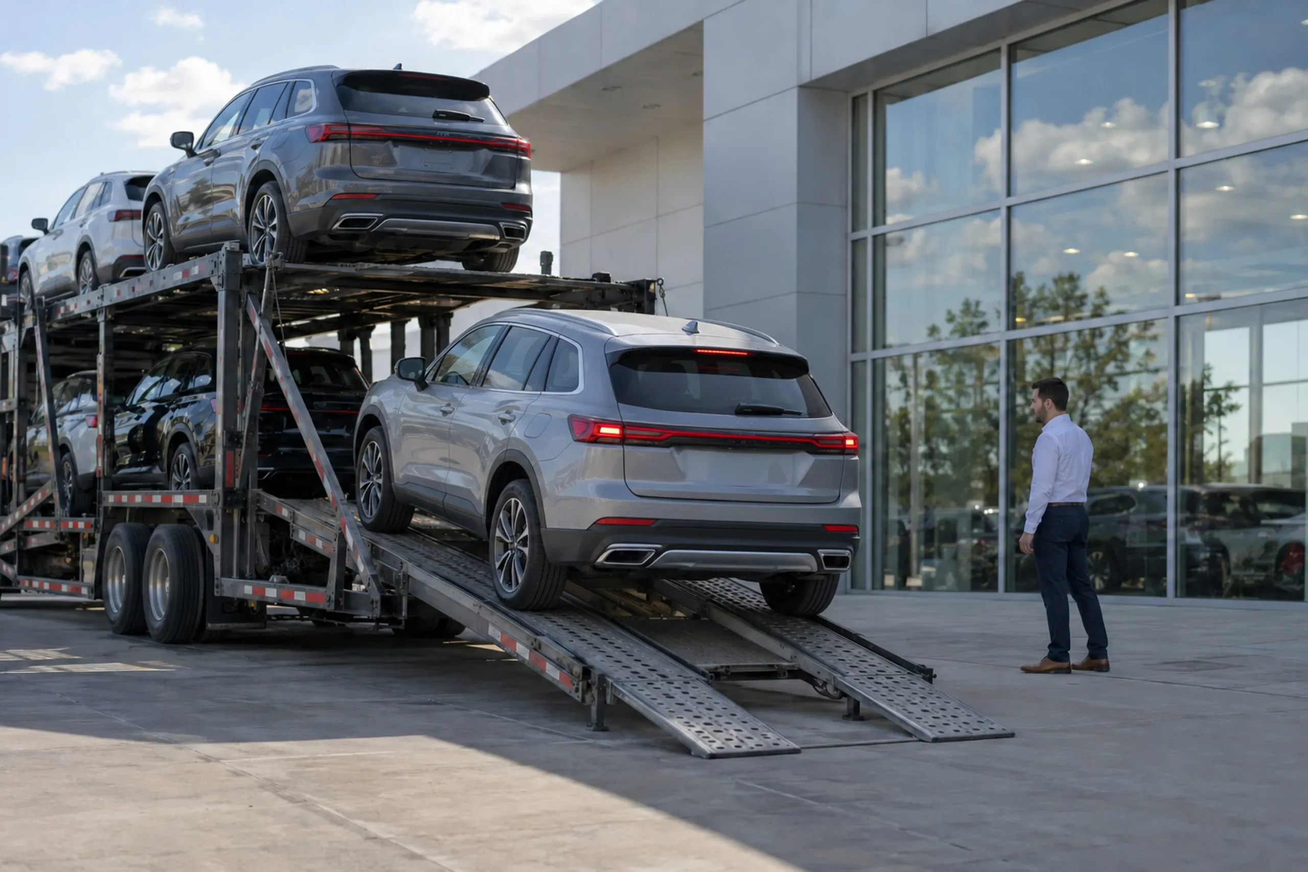 Unloading a car hauler at a dealership lot