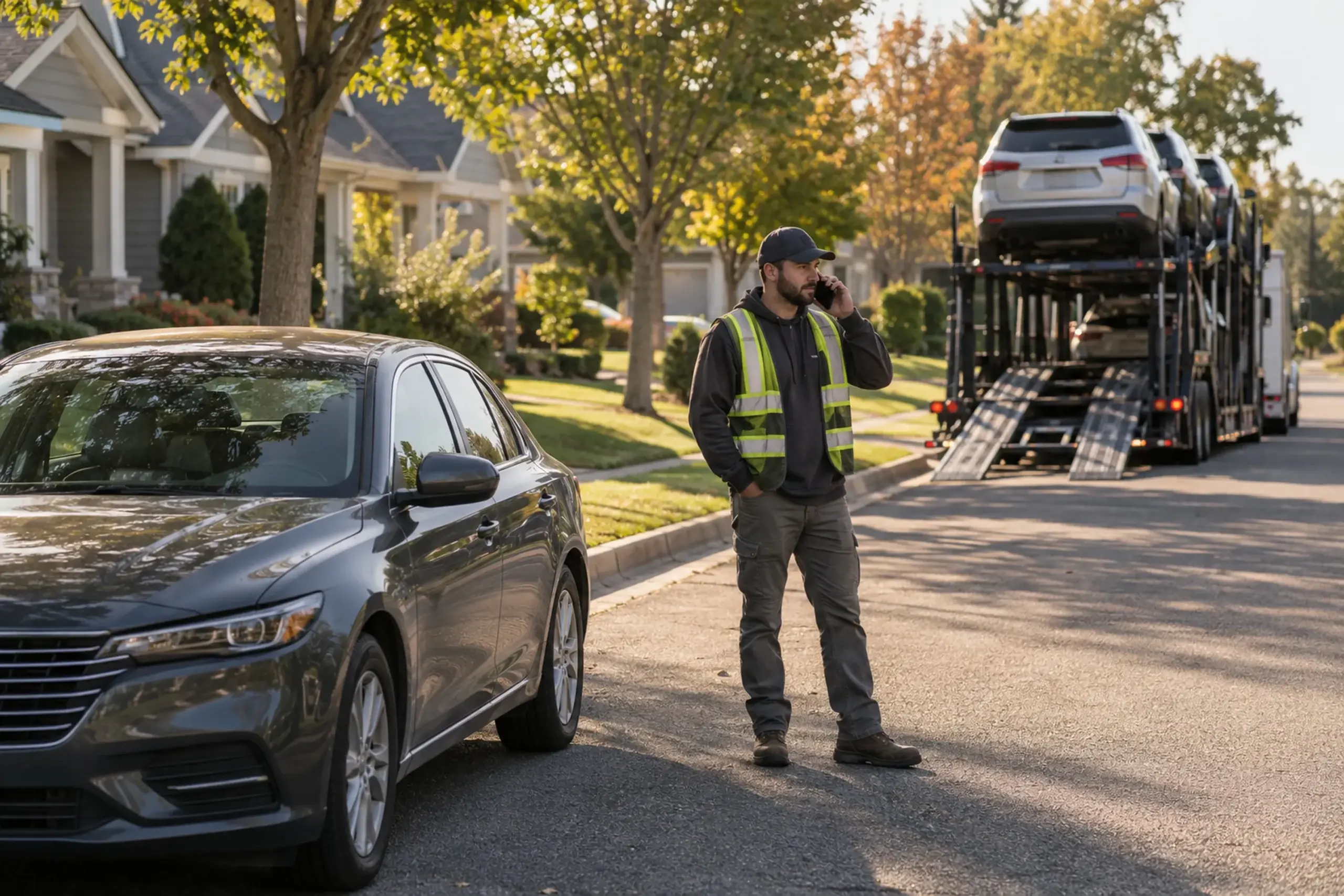 A car hauler driver on the phone at a private home, the car for pickup in the driveway