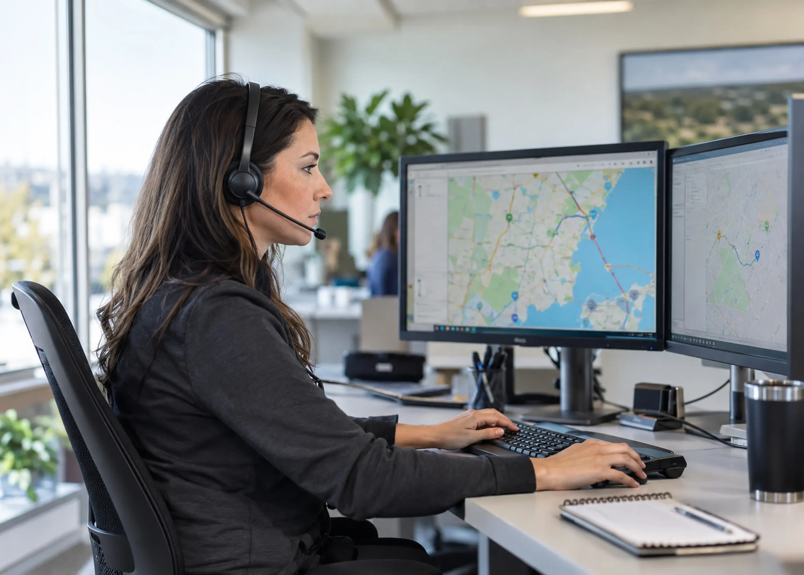 A dispatcher in a headset watching routes on two screens