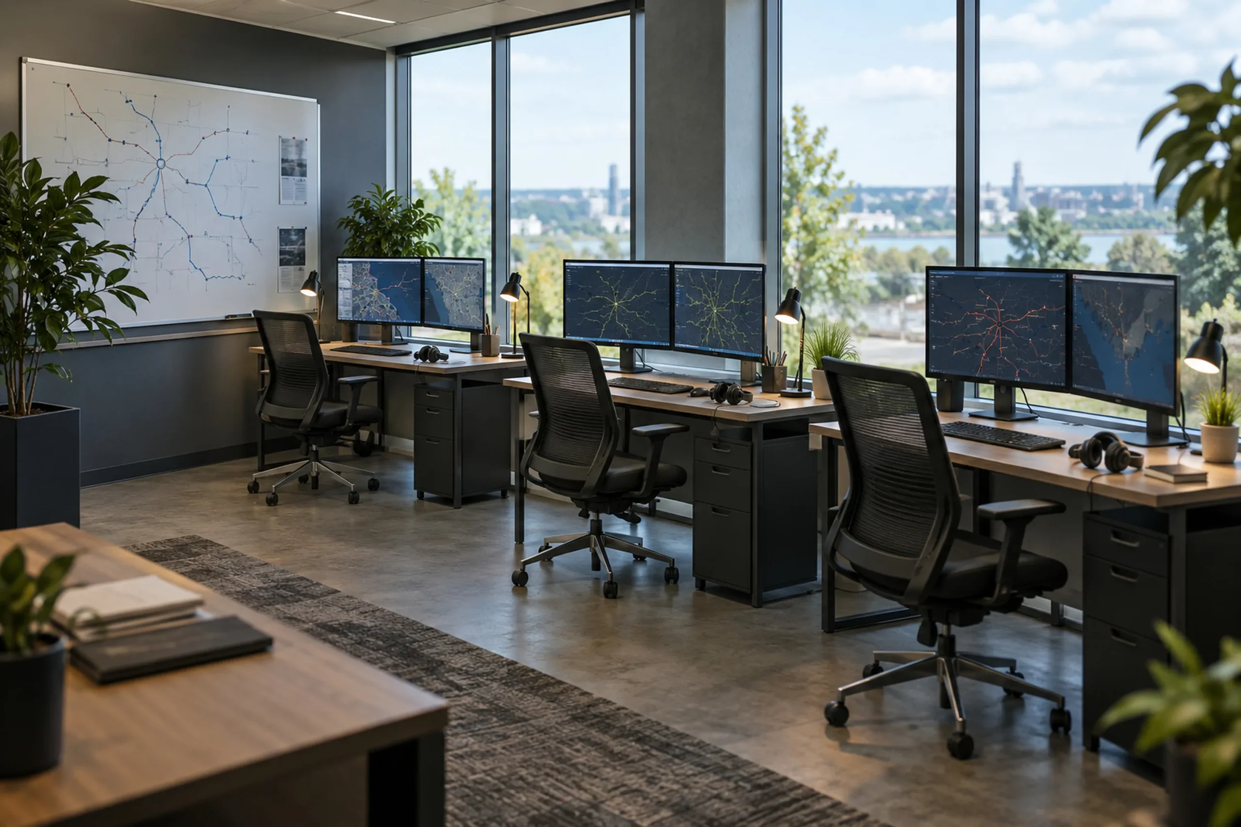 The VLH dispatch room: desks with route maps on screens, headsets, a route diagram on the board