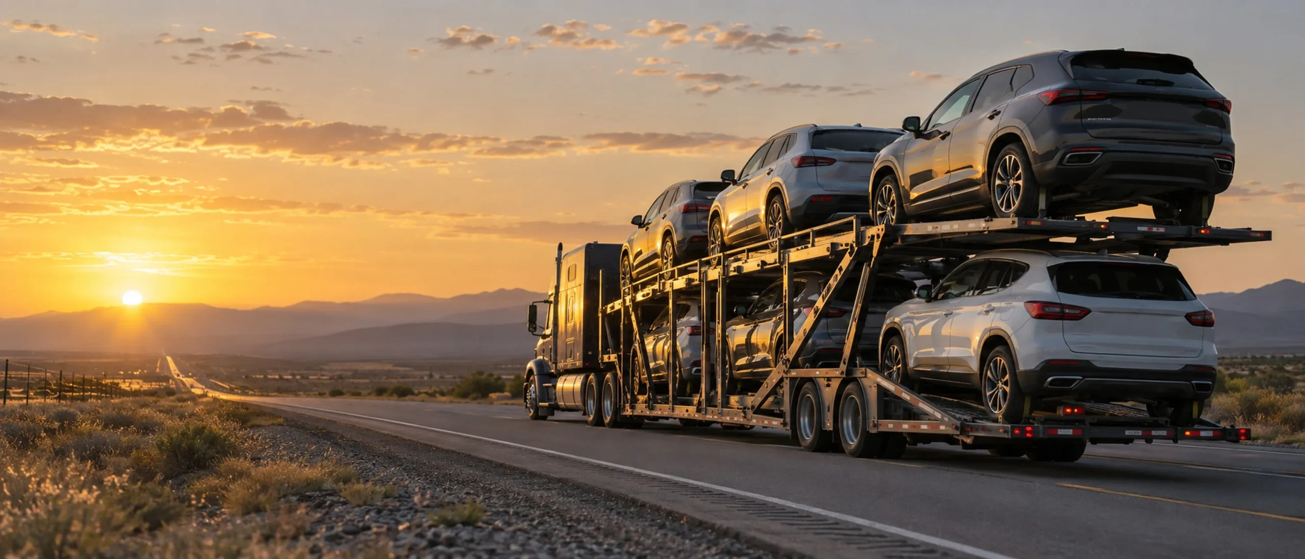 A loaded open car hauler on the highway