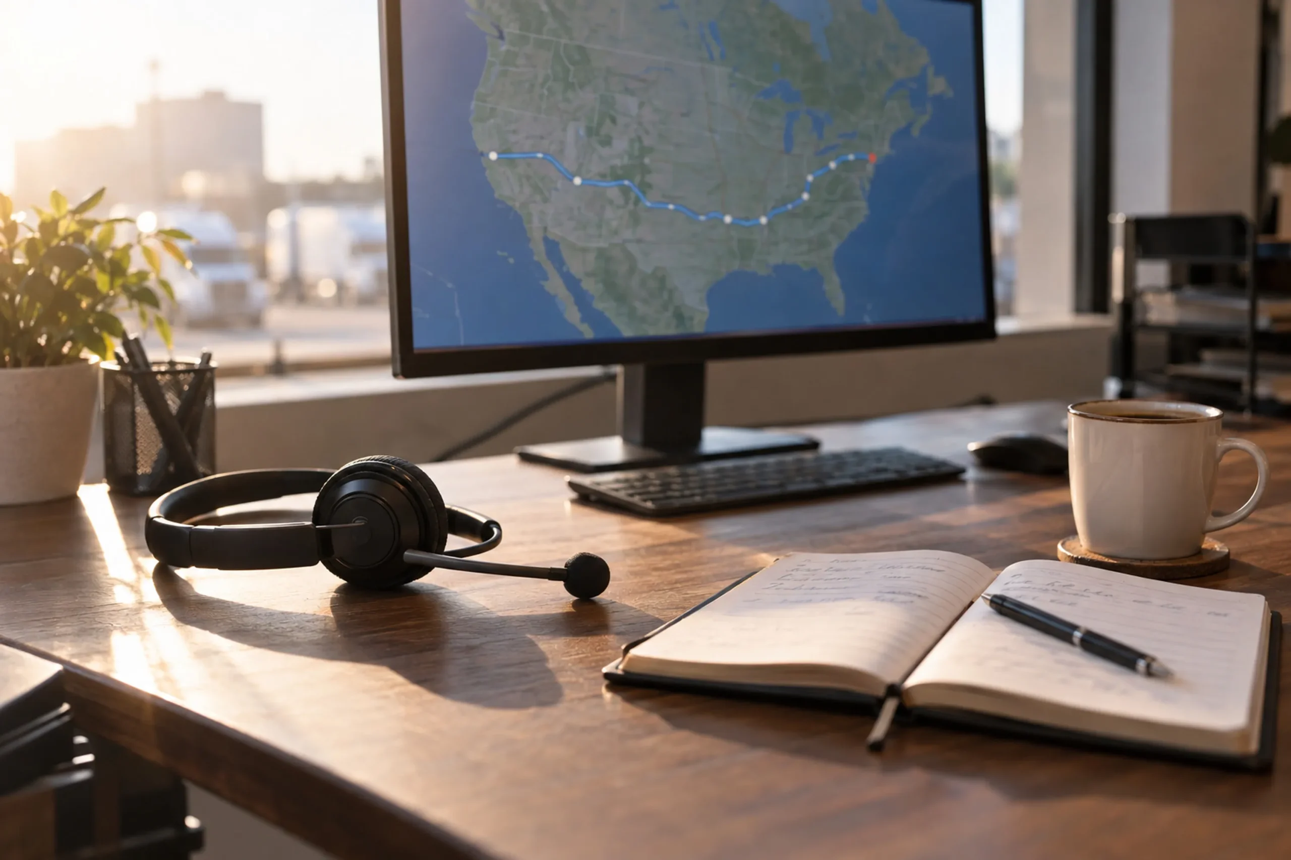 A dispatcher's desk: headset, notepad and a route map on the screen