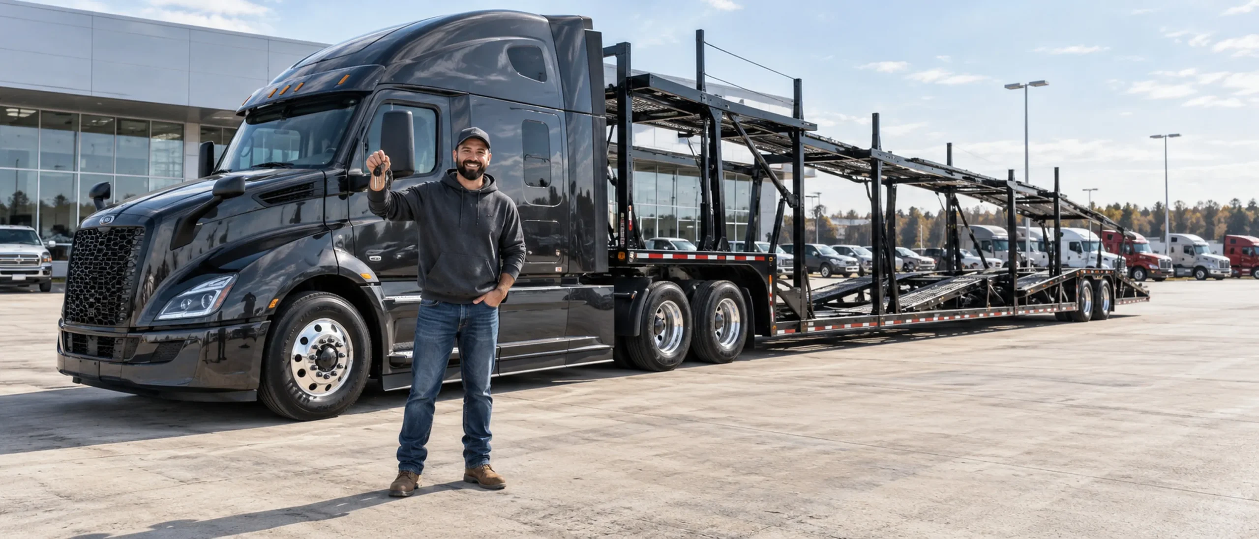 A new open car hauler on a lot