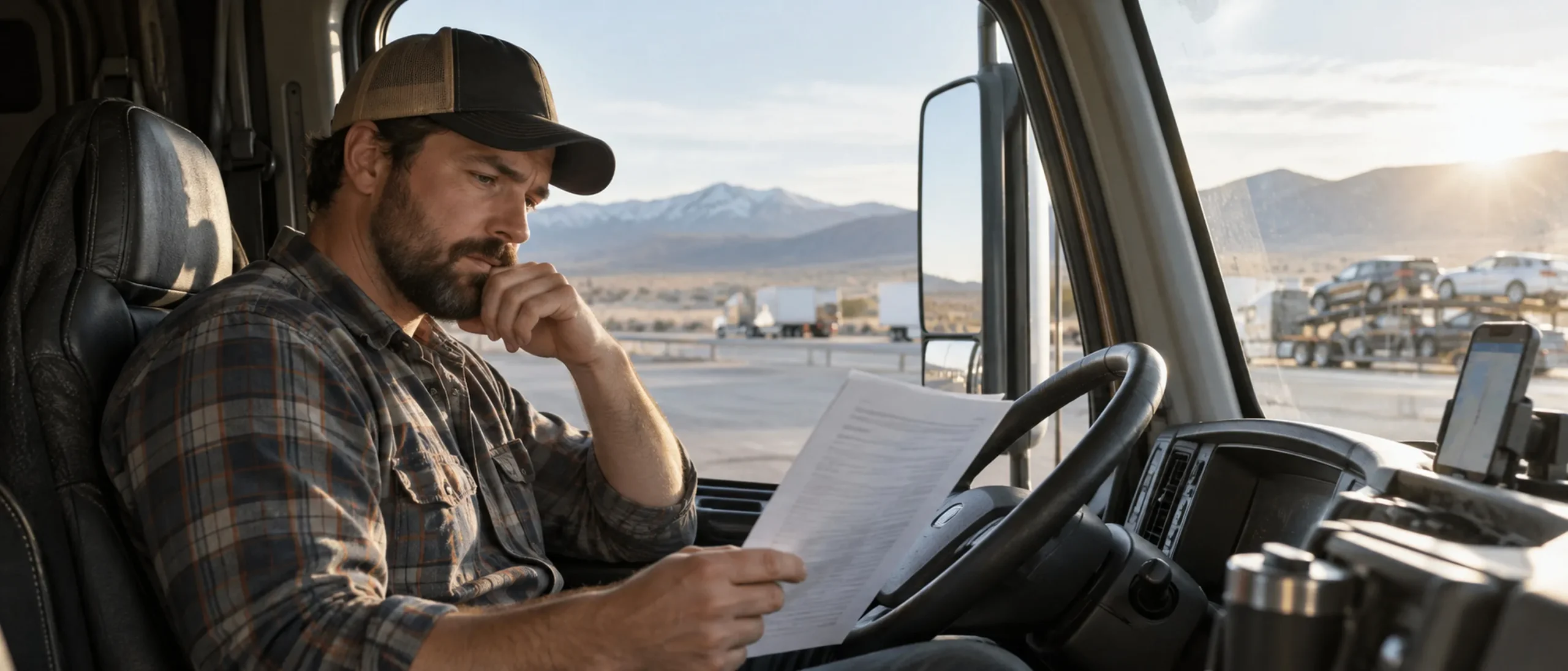 A car hauler driver with a phone by the cab