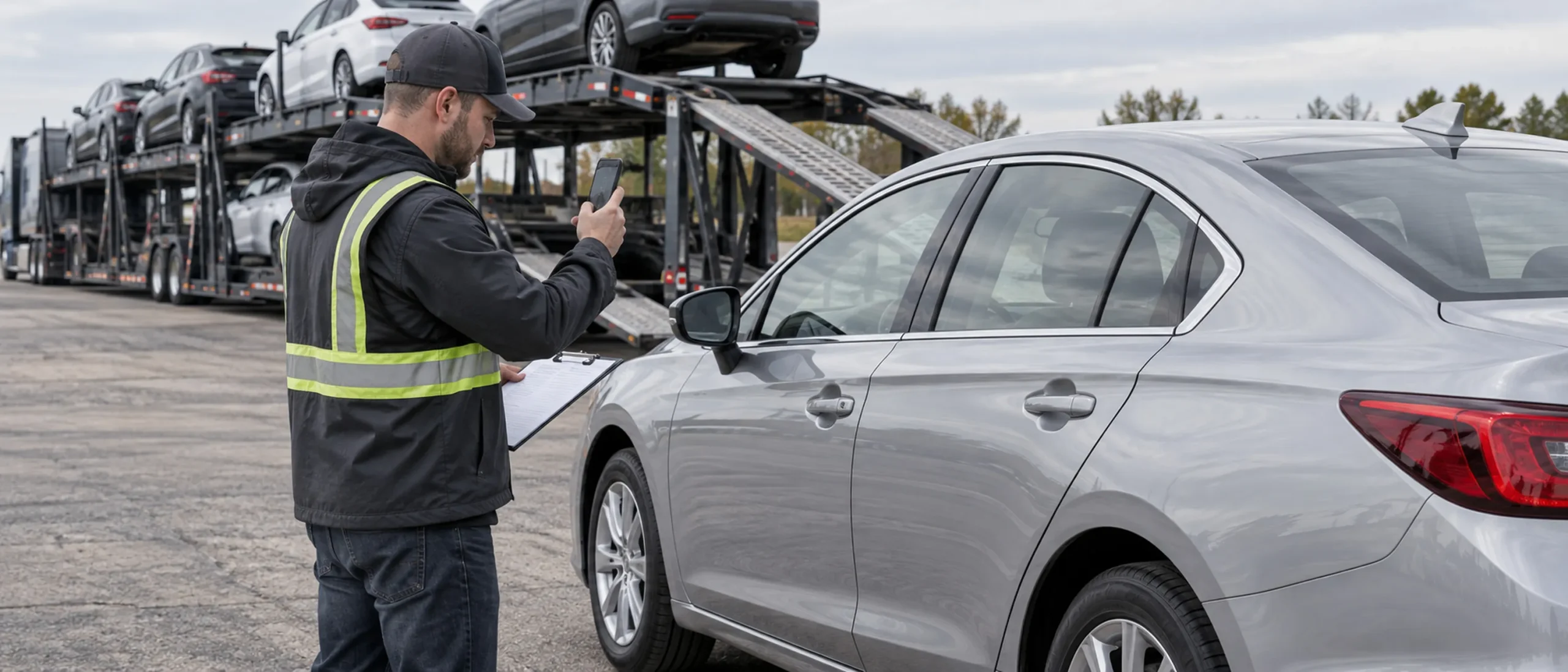 A vehicle inspection at pickup, tablet in hand