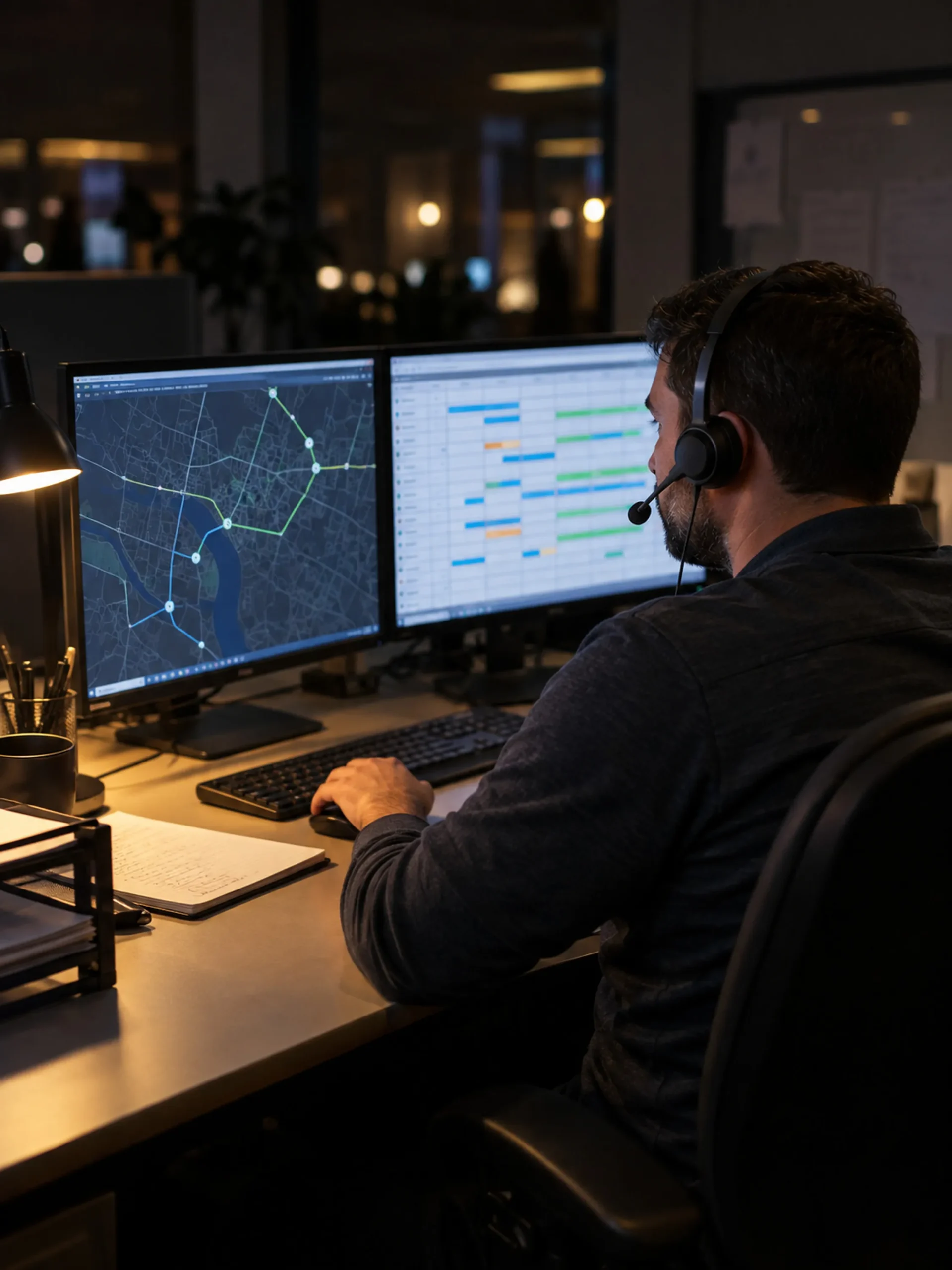 A VLH dispatcher in a headset running the day: route and loads on two screens