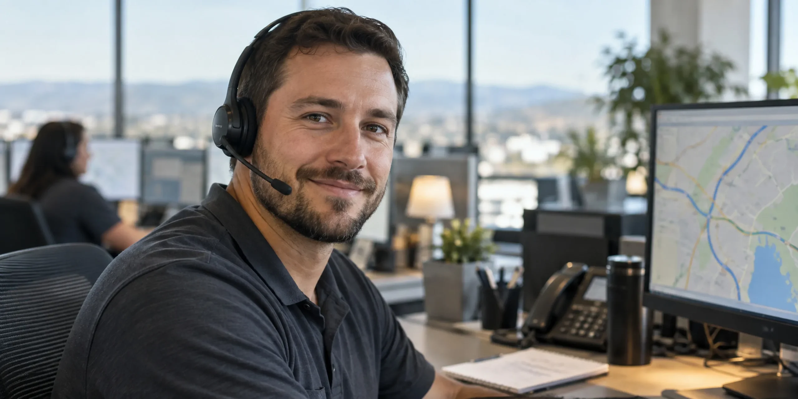 A VLH dispatcher in a headset in the office, a route map on the monitor