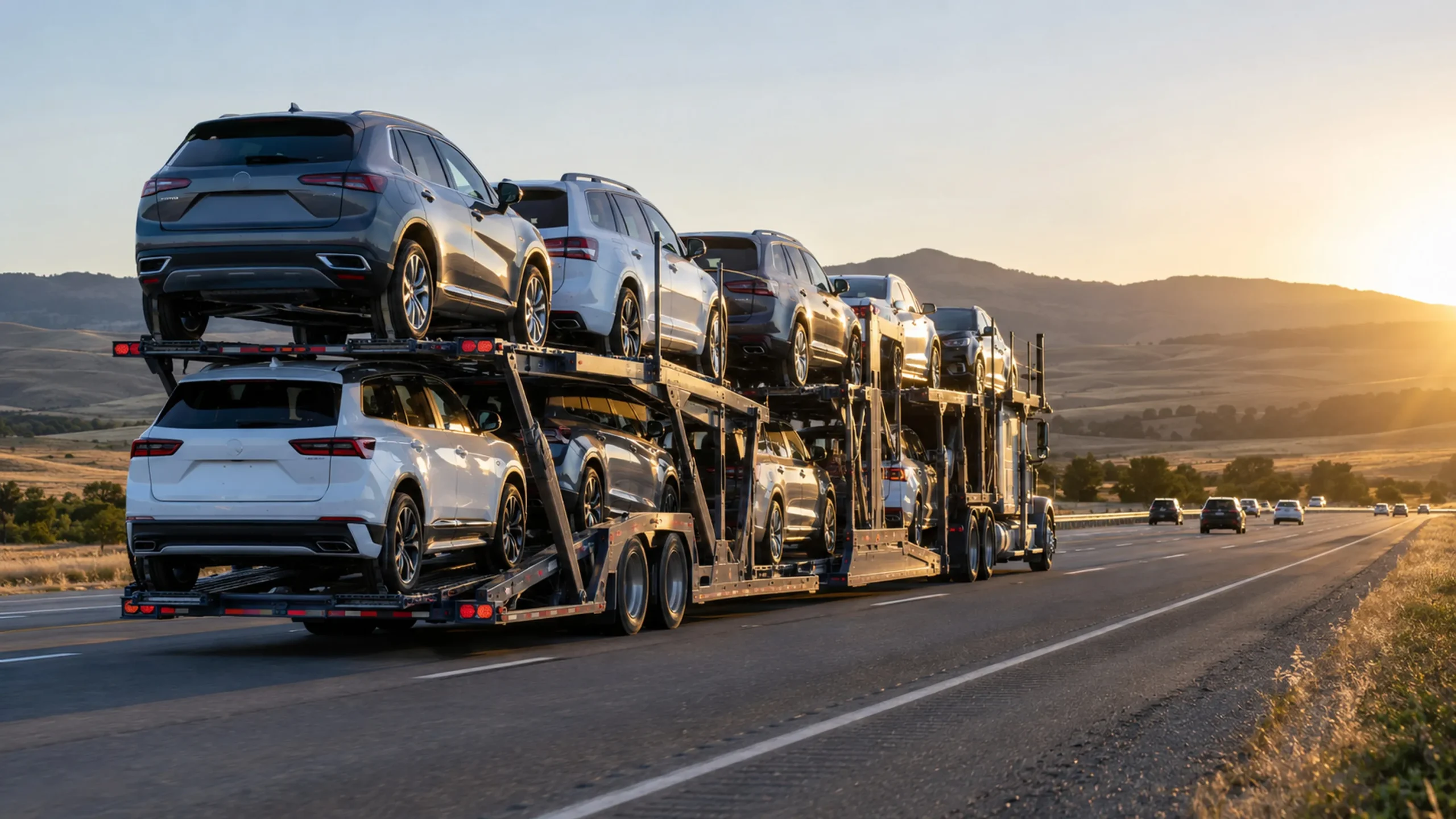 A loaded open car hauler on the highway